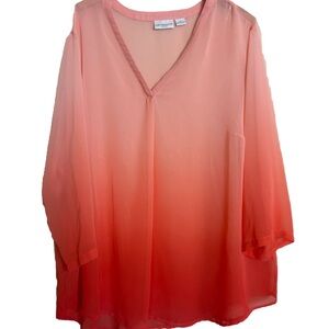 Liz Claiborne Woman 2X Sheer Ombre Blouse Coral Pink Tunic Top Flowy light